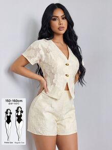 SOLERSUN 2pcs Women's Summer Elegant Casual Chic Floral Mesh Shirt And Shorts Set Tea Party Beach Brunch Outfit Cream White - Apricot - View 8
