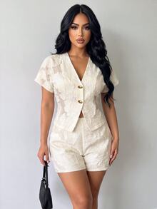 SOLERSUN 2pcs Women's Summer Elegant Casual Chic Floral Mesh Shirt And Shorts Set Tea Party Beach Brunch Outfit Cream White - Apricot - View 4
