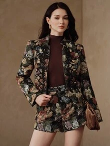 Anewsta Women's Elegant Floral Embroidered Long Sleeve Cinched Waist Jacket, Autumn/Winter - Black - View 3