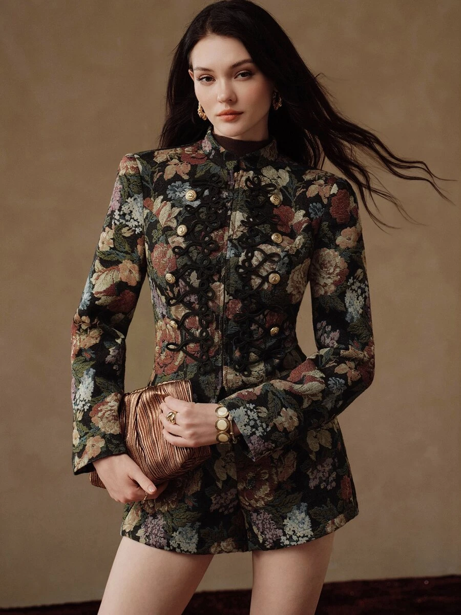 Anewsta Women's Elegant Floral Embroidered Long Sleeve Cinched Waist Jacket, Autumn/Winter - Black - View 1