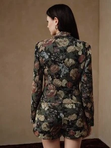 Anewsta Women's Elegant Floral Embroidered Long Sleeve Cinched Waist Jacket, Autumn/Winter - Black - View 2
