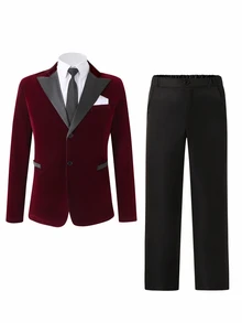 Bộ 2 món vest quý ông cho bé trai tuổi teen cao cấp, áo blazer + quần dài đen vân nổi, trang phục lễ phục thanh lịch dễ thương cho tiệc tối, sự kiện, biểu diễn mùa thu - Đỏ - Xem 5