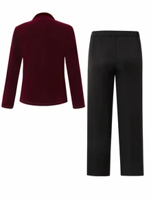 Bộ 2 món vest quý ông cho bé trai tuổi teen cao cấp, áo blazer + quần dài đen vân nổi, trang phục lễ phục thanh lịch dễ thương cho tiệc tối, sự kiện, biểu diễn mùa thu - Đỏ - Xem 2
