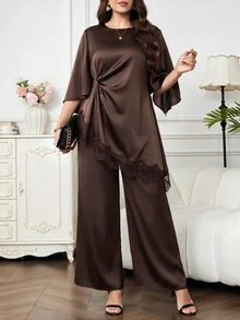 SHEIN Clasi Women's Lace Asymmetrical Hem Pleated Top And Satin Loose Fit Pants 2 Pieces Set Dinner Party Dark Brown Summer Elegant - Coffee Brown - View 3