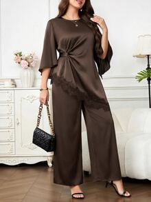 SHEIN Clasi Women's Lace Asymmetrical Hem Pleated Top And Satin Loose Fit Pants 2 Pieces Set Dinner Party Dark Brown Summer Elegant - Coffee Brown - View 5