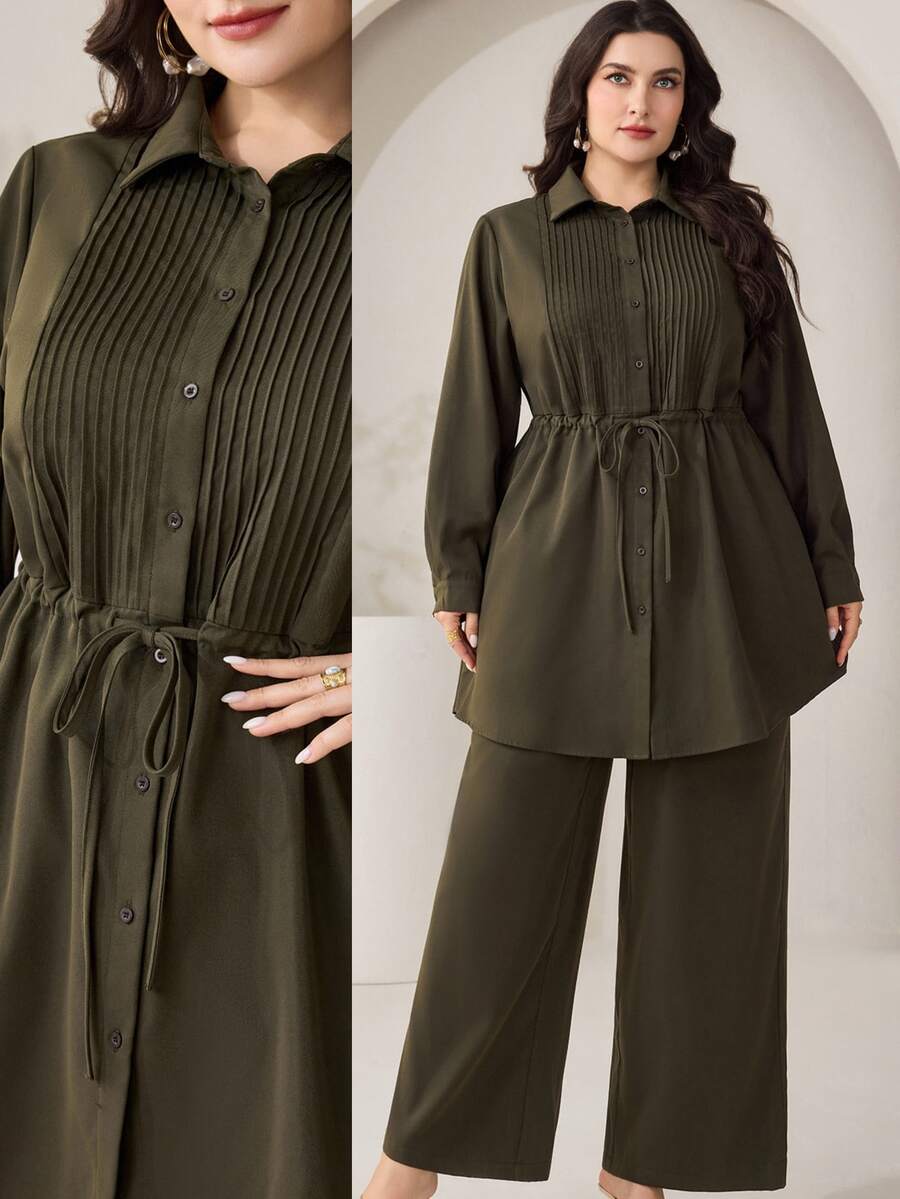 Modelyn Plus Size Solid Color Long Sleeve Top Long Pants 2 Pieces Set Fall Office Business Olive Green Elegant Casual - Army Green - View 1