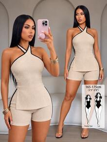 SOLERSUN Tall Elegant Sexy Black And Brown Halter Neck Slit Top And Fitted Shorts Textured Casual Set Vacation Night Out Summer - Apricot - View 9