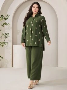 Modelyn Plus Size Printed Long Sleeve Top And Solid Color Pants 2 Pieces Set Fall - Green - View 4