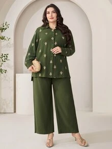 Modelyn Plus Size Printed Long Sleeve Top And Solid Color Pants 2 Pieces Set Fall - Green - View 5