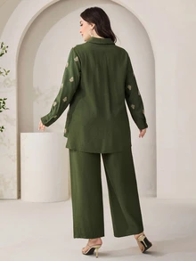 Modelyn Plus Size Printed Long Sleeve Top And Solid Color Pants 2 Pieces Set Fall - Green - View 3