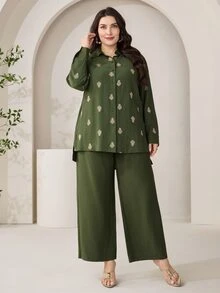 Modelyn Plus Size Printed Long Sleeve Top And Solid Color Pants 2 Pieces Set Fall - Green - View 6