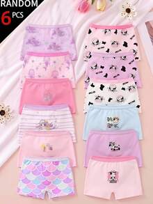 SHEIN [6pcs Random Style] Girls Sweet Boxer Briefs, Baby Pink Baby Blue, Purple, White, Cartoon Bear Mermaid Capybara Patterns, Fall Underwear - Multicolor - View 1