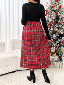 SHEIN Casual Plaid-Panel Maternity Nursing Dress – Autumn/Winter & Christmas Style Fall - Burgundy - View 2