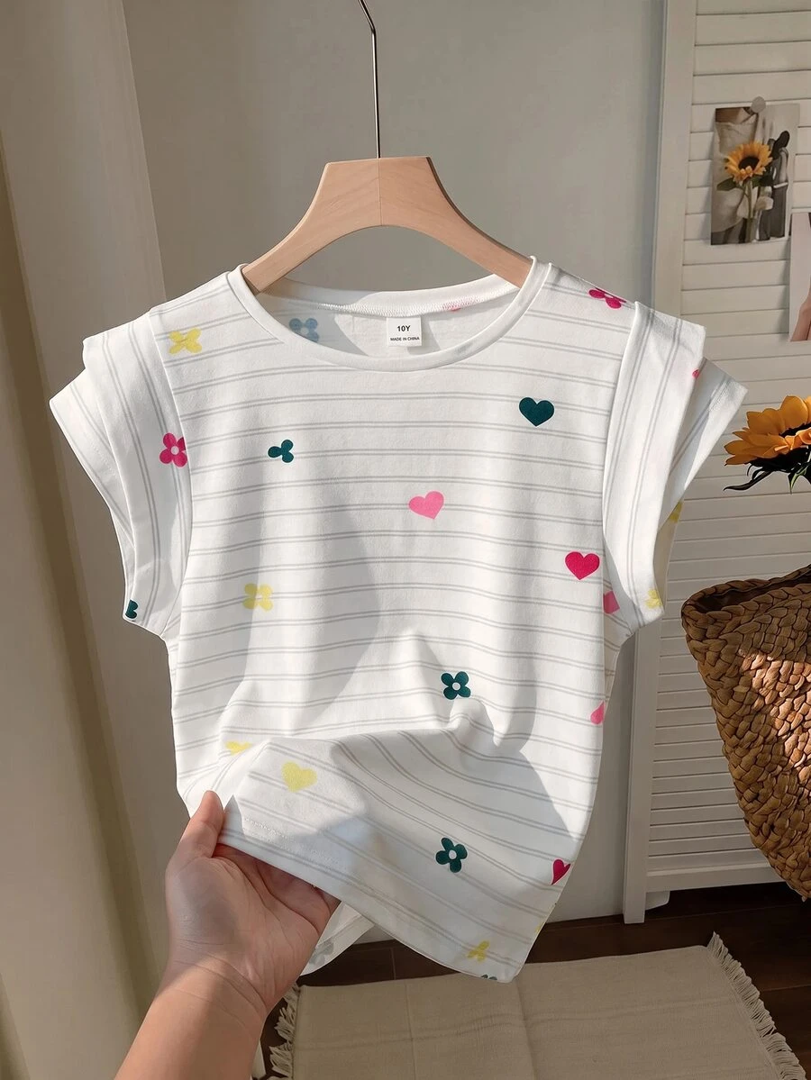 SHEIN Tween Girl Spring/Summer Casual Cute White Crew Neck Layer Wide Sleeveless T-Shirt, Daily Wear School Flower Girl, Back-To-School - Multicolor - View 1