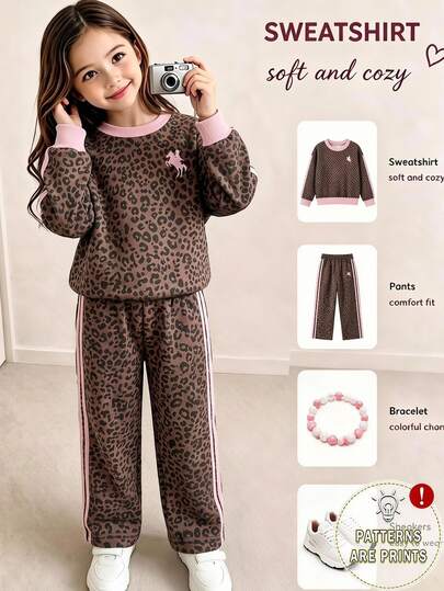 SHEIN Elladie kids Autumn And Winter Girls' Leopard Print Sweatshirt Set, Round-Neck Long-Sleeved Pullover Top, Straight-Leg Pants, Autumn Style, For Girls And Toddlers