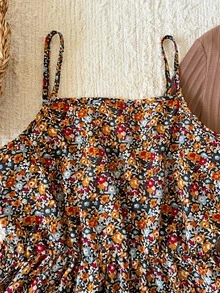 SHEIN 青少年女孩2件套：棕色羅紋針織開襟外套與黑色碎花收腰細肩帶洋裝，復古假日秋季校園穿搭，聖誕節適用 - 棕色 - 查看 5
