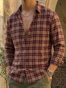 HIMLAND Men's Plaid Shirt, Long Sleeve Button-Down, Vintage Checkered Shirt, Burgundy Flannel Top, Casual Collared Shirt, Halloween Winter Autumn - Brown - View 1
