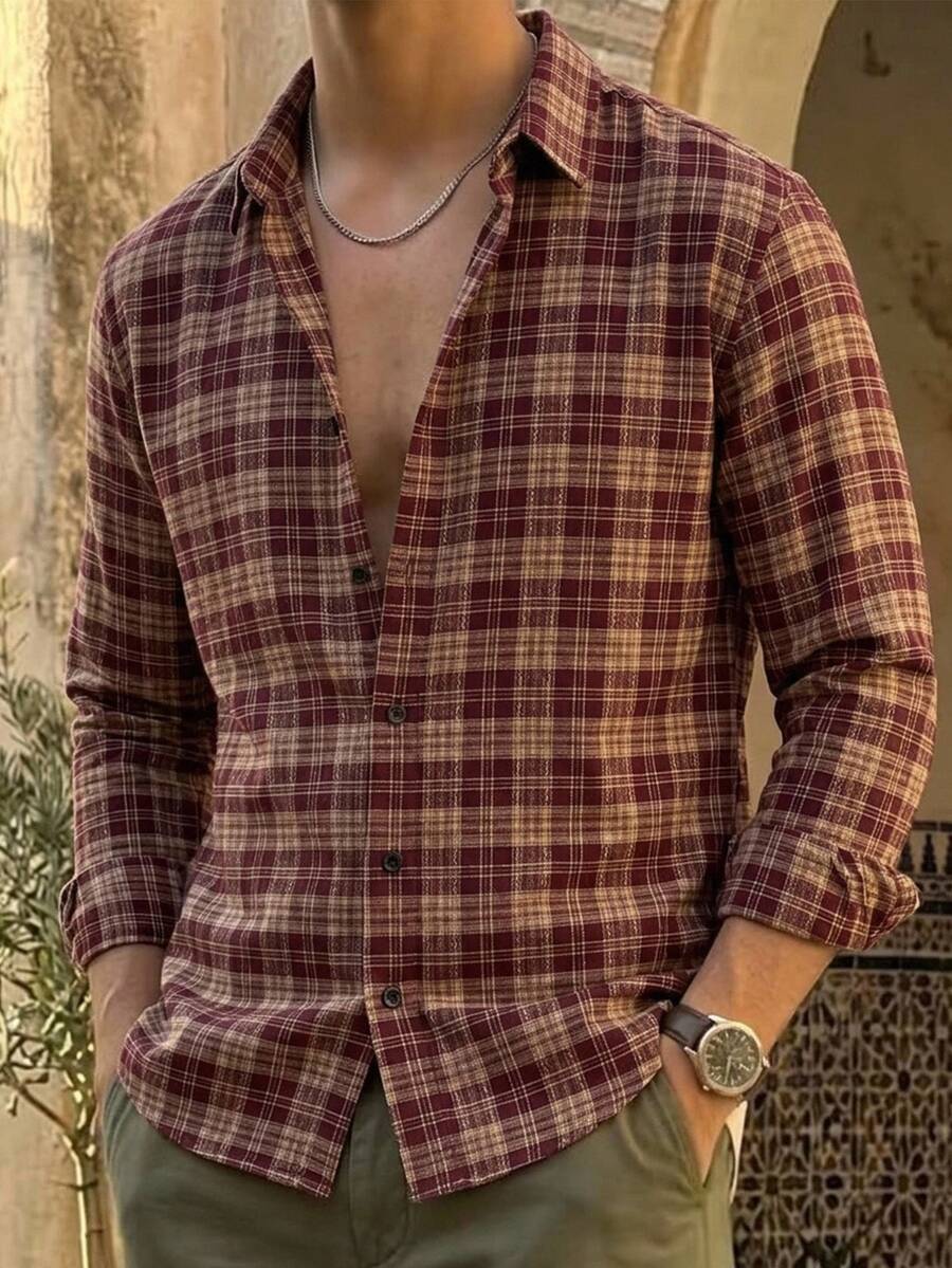 HIMLAND Men's Plaid Shirt, Long Sleeve Button-Down, Vintage Checkered Shirt, Burgundy Flannel Top, Casual Collared Shirt, Halloween Winter Autumn - Brown - View 1