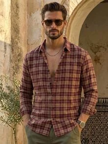 HIMLAND Men's Plaid Shirt, Long Sleeve Button-Down, Vintage Checkered Shirt, Burgundy Flannel Top, Casual Collared Shirt, Halloween Winter Autumn - Brown - View 7