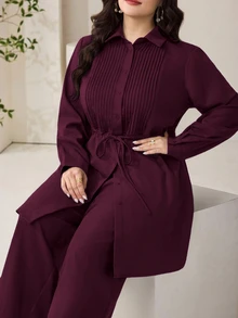 Modelyn 大尺碼女款純色百褶腰綁帶上衣與長褲休閒優雅兩件套 秋季辦公穿搭 - 中紫紅色 - 查看 5