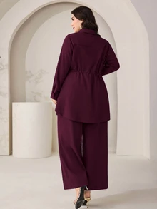 Modelyn 大尺碼女款純色百褶腰綁帶上衣與長褲休閒優雅兩件套 秋季辦公穿搭 - 中紫紅色 - 查看 2