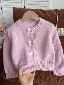 SHEIN Girls' Autumn/Winter Fashion Handmade Bow Knitted Sweater Long Sleeve Cardigan - Pink - View 4
