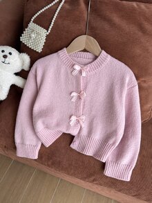 SHEIN Girls' Autumn/Winter Fashion Handmade Bow Knitted Sweater Long Sleeve Cardigan - Pink - View 9
