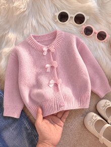 SHEIN Girls' Autumn/Winter Fashion Handmade Bow Knitted Sweater Long Sleeve Cardigan - Pink - View 2