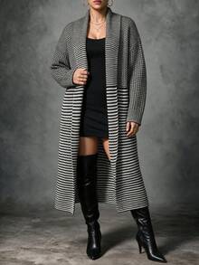 Ceyna Plus Size Women's Loose Casual Striped Long Sleeve Cardigan , Suitable For Daily Winter - Black and White - View 6