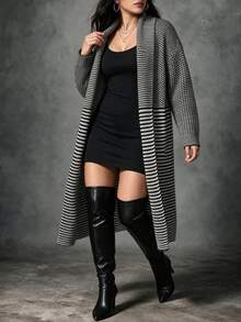Ceyna Plus Size Women's Loose Casual Striped Long Sleeve Cardigan , Suitable For Daily Winter - Black and White - View 4