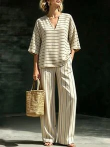 Linhara CURVE Plus Size Women's Summer Casual Cargo Beige Striped V-Neck 3/4 Sleeve Top Wide Leg Pants Slimming 2 Pieces Set Vacation - Apricot - View 4