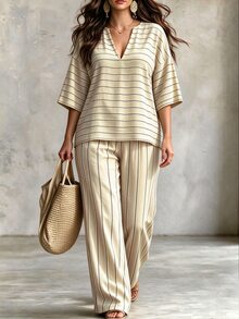 Linhara CURVE Plus Size Women's Summer Casual Cargo Beige Striped V-Neck 3/4 Sleeve Top Wide Leg Pants Slimming 2 Pieces Set Vacation - Apricot - View 1