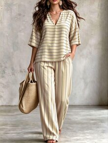 Linhara CURVE Plus Size Women's Summer Casual Cargo Beige Striped V-Neck 3/4 Sleeve Top Wide Leg Pants Slimming 2 Pieces Set Vacation - Apricot - View 3