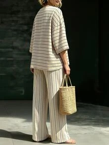 Linhara CURVE Plus Size Women's Summer Casual Cargo Beige Striped V-Neck 3/4 Sleeve Top Wide Leg Pants Slimming 2 Pieces Set Vacation - Apricot - View 2