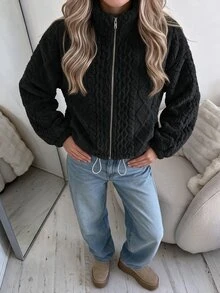 Easowa 女款秋冬紋理長袖拉鍊休閒運動外套 日常穿搭 米白色 - 黑色 - 查看 3