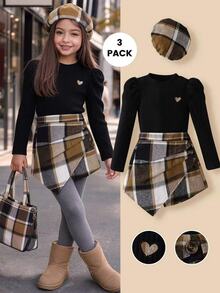 SHEIN Elladie kids Tween Girl Black Knit Long Sleeve + Plaid Asymmetrical Skort (Includes Hat) Set Suitable For Late Autumn, Early Winter, Early Spring - Black - View 3