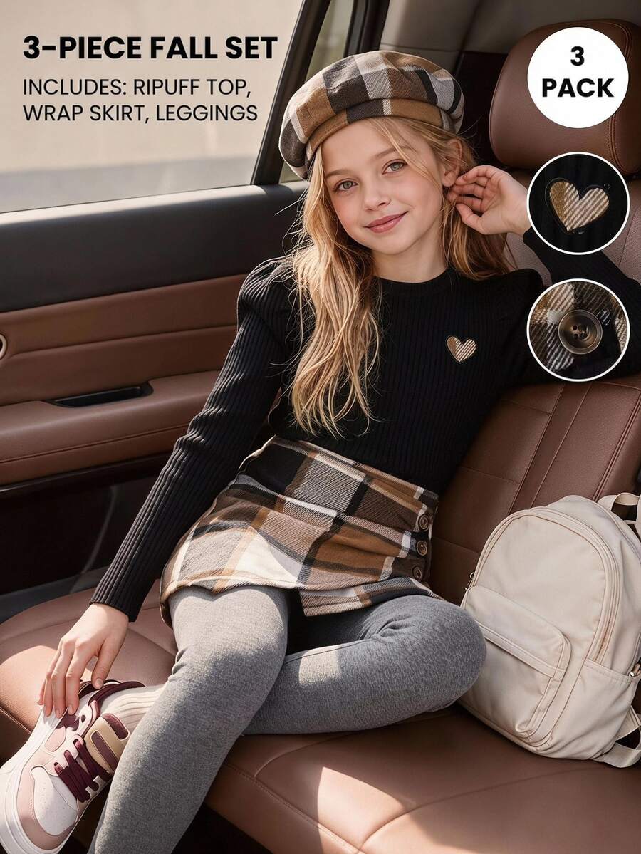 SHEIN Elladie kids Tween Girl Black Knit Long Sleeve + Plaid Asymmetrical Skort (Includes Hat) Set Suitable For Late Autumn, Early Winter, Early Spring - Black - View 1
