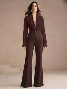 Anewsta Tall Women's High-Waist Brown Suit Pants With Rivet Pockets, Elegant Fashionable Business Casual Commuter Flare Leg Trousers - Coffee Brown - View 5