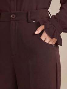 Anewsta Tall Women's High-Waist Brown Suit Pants With Rivet Pockets, Elegant Fashionable Business Casual Commuter Flare Leg Trousers - Coffee Brown - View 3