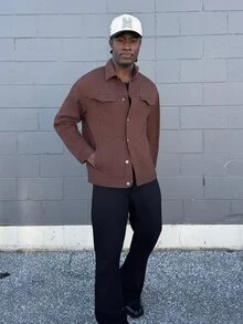Harrin Don Harrin Don Men Loose Fit Long Sleeve Cotton Solid Color Brown Front Button Casual Denim Jacket, For Fall - Coffee Brown - View 1