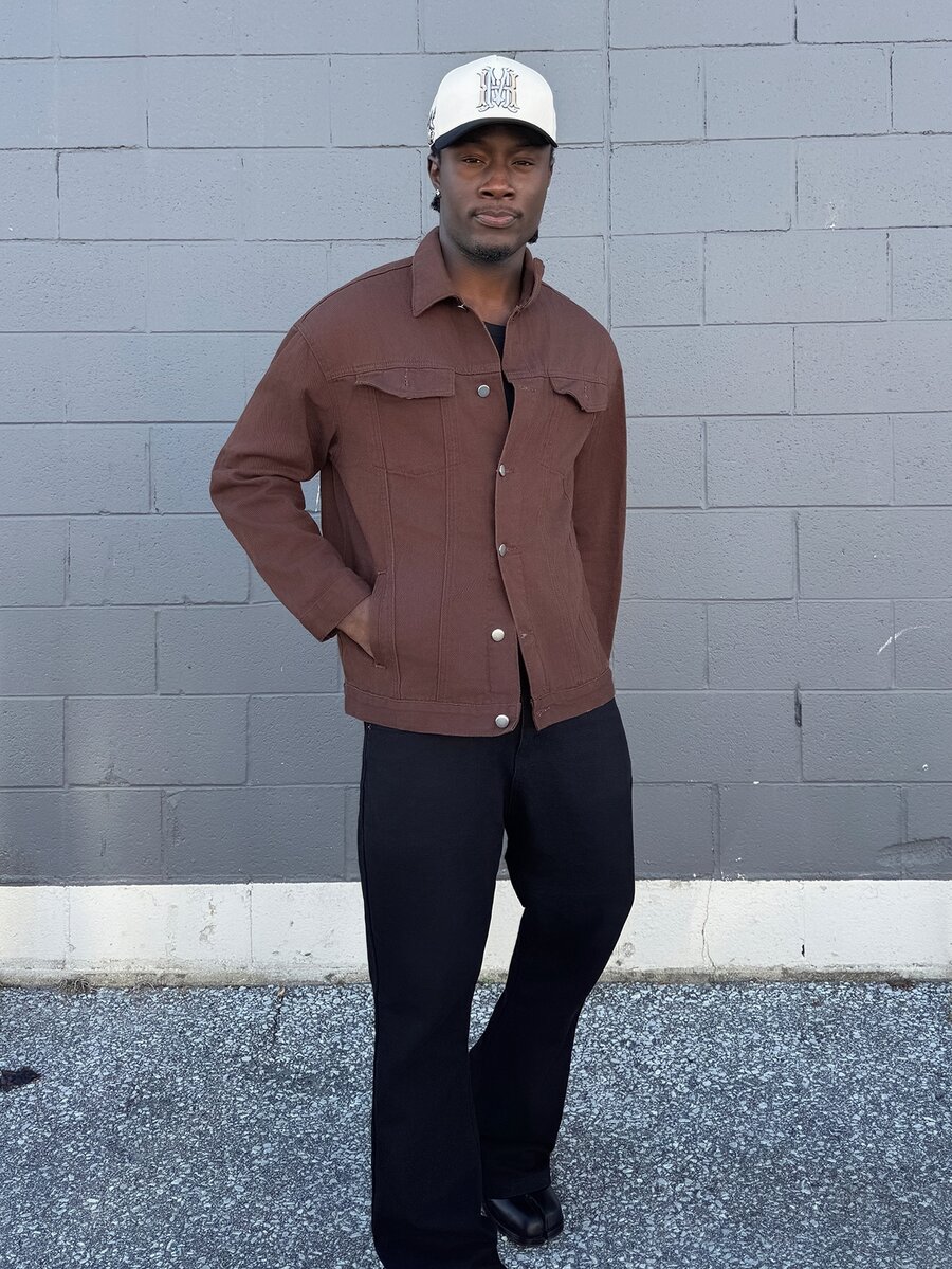 Harrin Don Harrin Don Men Loose Fit Long Sleeve Cotton Solid Color Brown Front Button Casual Denim Jacket, For Fall - Coffee Brown - View 1