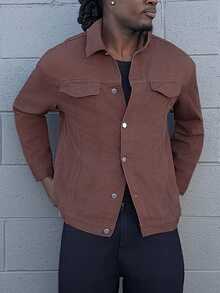 Harrin Don Harrin Don Men Loose Fit Long Sleeve Cotton Solid Color Brown Front Button Casual Denim Jacket, For Fall - Coffee Brown - View 5
