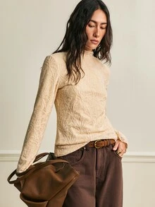 SHEIN 2026 New Winter Base Layer Top, Autumn/Winter Thermal Lined Thickened Long Sleeve Lace T-Shirt - Apricot - View 4