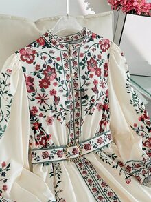 Modelyn 大码女式花卉印花灯笼袖纽扣设计优雅连衣裙 - 彩色 - 查看 5
