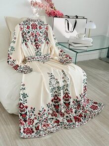 Modelyn 大码女式花卉印花灯笼袖纽扣设计优雅连衣裙 - 彩色 - 查看 3