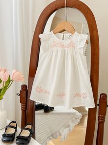 SHEIN Baby Girl Summer Casual Embroidered Floral Cap Sleeve Loose Dress - Multicolor - View 7
