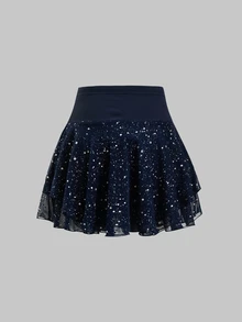 SHEIN Tween Girl Sequin Mesh Kids Sports Skirt, Girls Athletic Skirt, Mesh Patchwork High Elastic Fabric, Suitable For Daily Sports - Multicolor - View 6