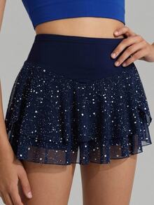 SHEIN Tween Girl Sequin Mesh Kids Sports Skirt, Girls Athletic Skirt, Mesh Patchwork High Elastic Fabric, Suitable For Daily Sports - Multicolor - View 4
