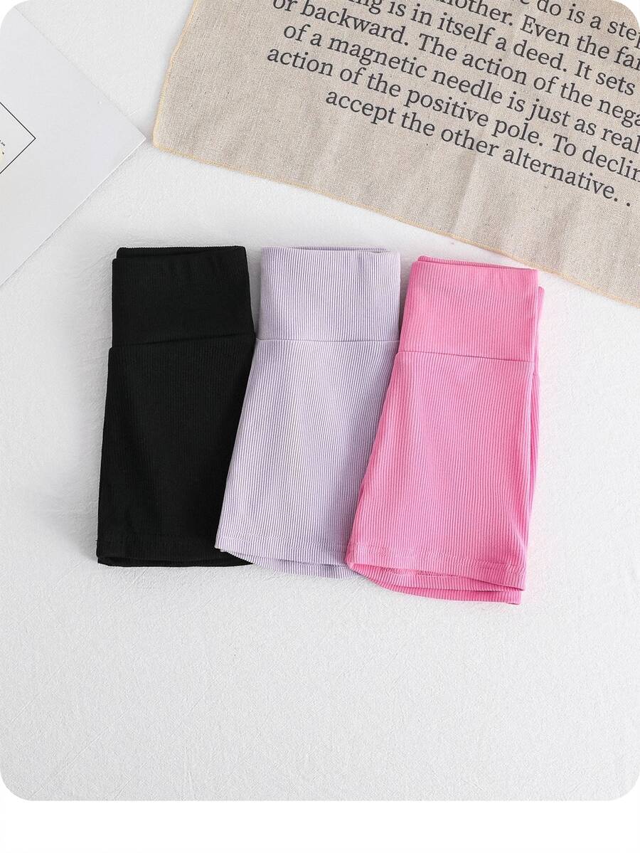 SHEIN مجموعة شورتات صبيانية عصرية ورياضية ذات موحد اللون وخصر عالي للفتيات الصغيرات، ربيع / صيف 3 قطع - الأرجواني - مشاهدة 1