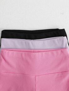 SHEIN مجموعة شورتات صبيانية عصرية ورياضية ذات موحد اللون وخصر عالي للفتيات الصغيرات، ربيع / صيف 3 قطع - الأرجواني - مشاهدة 5